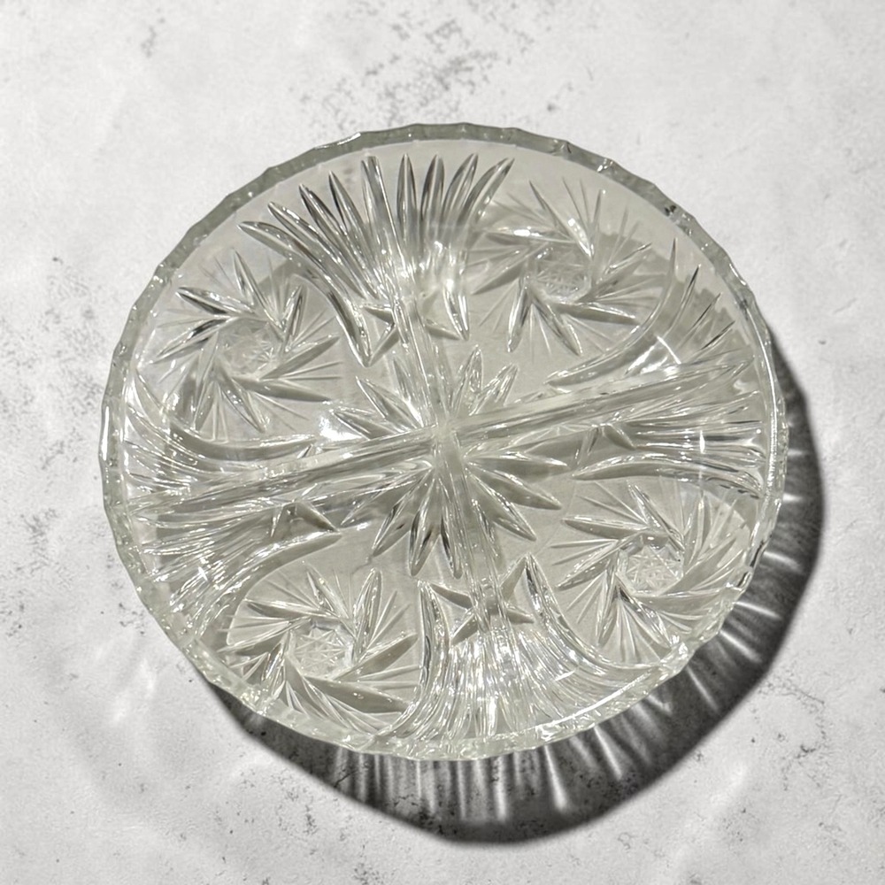 Vintage Clear Pressed Glass Divided Relish Dish Starburst 4 Section 7.5in